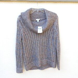 NWT Metallic Silver Open Knit Crochet Cowl Neck Sweater Holidays Fall Winter